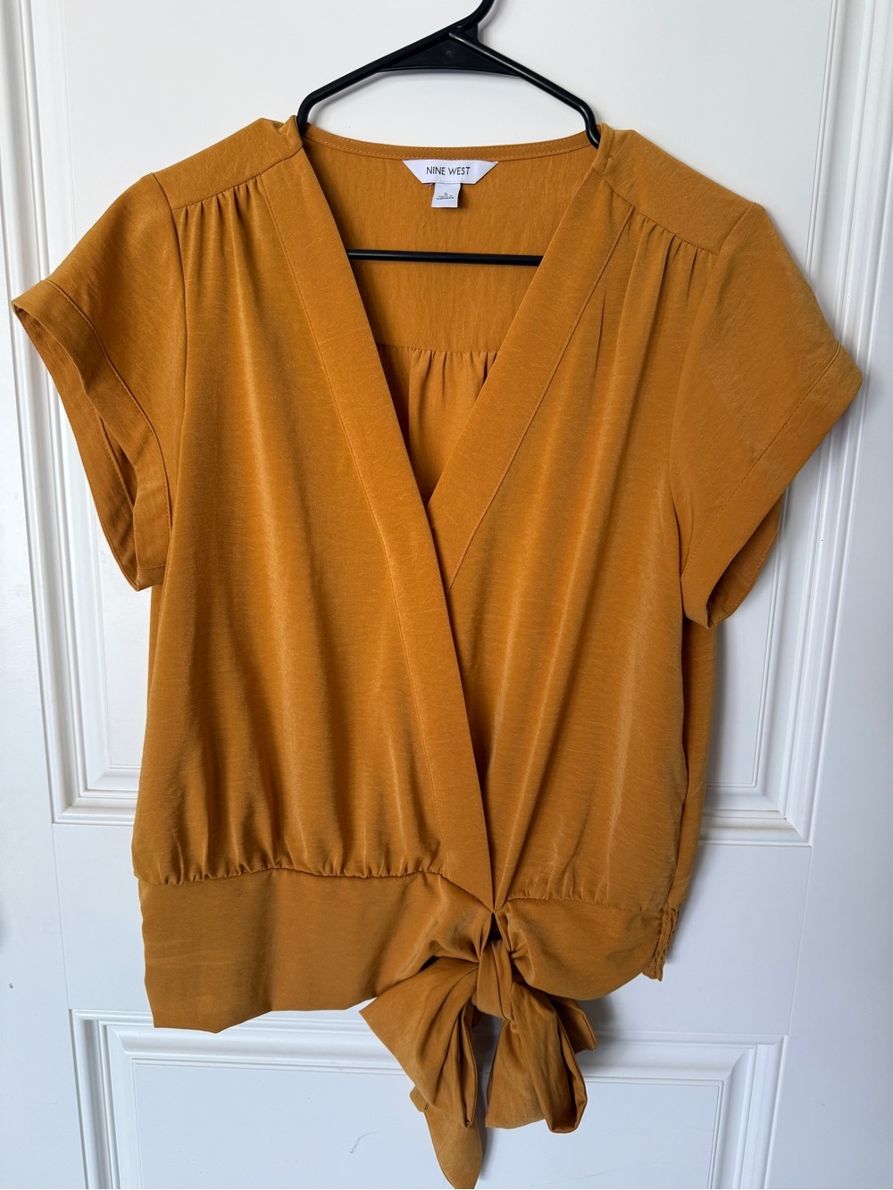 Nine West Mustard Tie-Front V-Neck Blouse